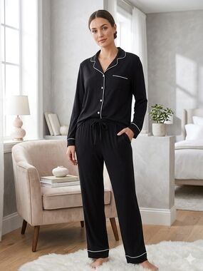 Black Women's Classic Piped Pajama Set - Long Sleeve & Pant